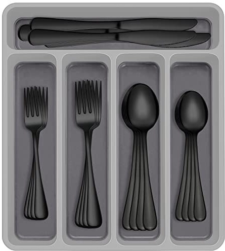 60-Piece Black Silverware Set with Organizer, AIVIKI Stainless Steel Flatware for 12, Cutlery Utensil Set for Home Restaurant, Tableware Includes Knife Fork Spoon Set, Mirror Polished