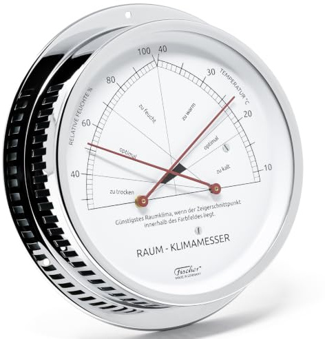 Fischer 5091-47, Raum-Klimamesser, Messing, Thermohygrometer, Messstation | Synthetic-Hygrometer und Bimetall-Thermometer, Messbereich 26-100 % r. F. und 8-40 °C, 155mm Durchmesser, Made in Germany