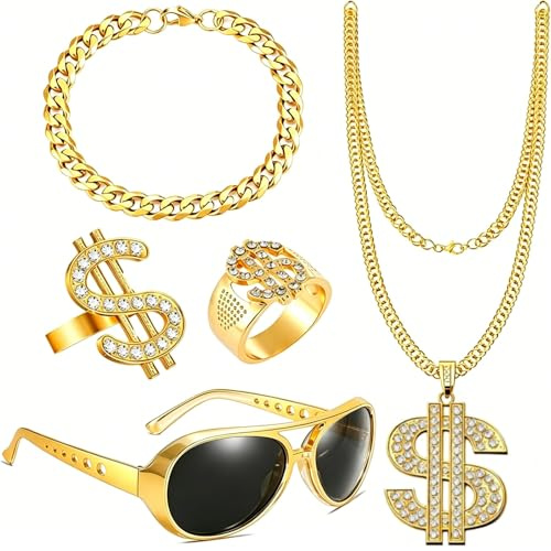 5St Halskette Dollar Ring Goldkette Armband 80er 90er Jahre Rapper Accessoires für Männer Zuhälter Kostüm Set Fasching Karneval Accessoires für Herren Verkleidung Set Party Foto Requisiten