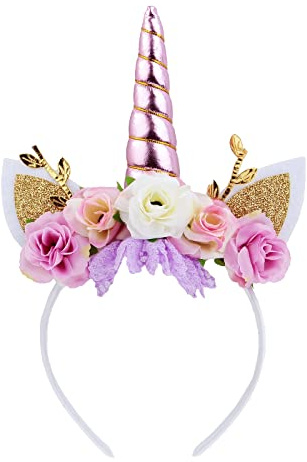 Nishine Einhorn Horn Floral Stirnband Glitter Ohren Pony Kopfbänder Tiara für Mädchen Party Geburtstag Cosplay