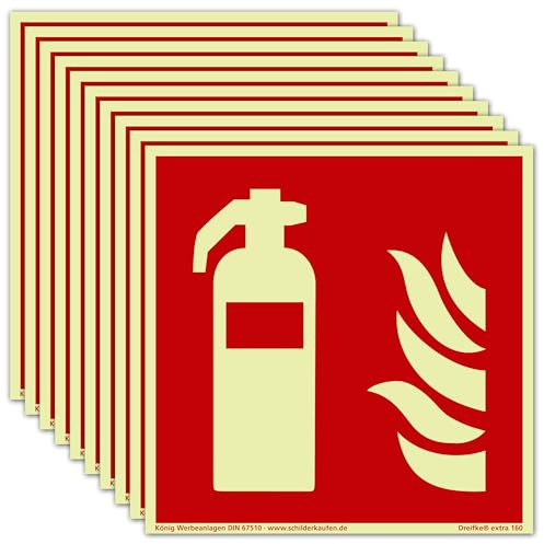 10 Schilder Feuerlöscher | extra langnachleuchtend | PVC selbstklebend 200x200mm | DIN EN ISO 7010 F001 | DIN 67510 (Brandschutzzeichen) Dreifke® extra 160