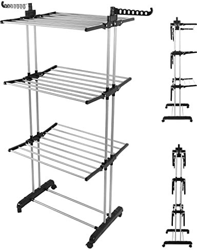 Rainberg Airer Clothes Drying Rack, 4-Tier Foldable Clothes Hanger, Adjustable Large Laundry Racks for Indoor Outdoor Use With 24m of Drying space. (Black)