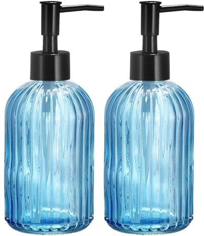 sourcing map Soap Dispensers Set - 2 Pack 13.5Oz Glass Dish Hand Soap Dispenser with Black Pump for Kitchen Bathroom, Light Blue