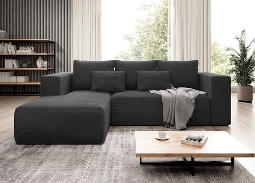 Moderno Ecksofa mit Schlaffunktion und Bettkasten Stripes - Sofa mit 3 Sitzer und Robuste überzug - Schlafcouch L-Form - Modern Couch Cord - 255x73x161 cm - Links Graphit