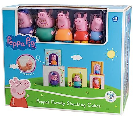 DEQUBE Peppa Wutz 921D00064-5 stapelbare Würfel und 5 Figuren Peppa Pig - 2 Spielzeuge in 1
