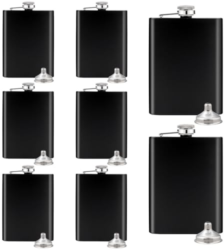 8 Pack 8 Oz Hip Flask for Liquor Matte Black Stainless Steel Leakproof with 8 Funnel for Gift, Fishing, Camping, Hunting, Hiking, Wedding Party, Traveling(Black)