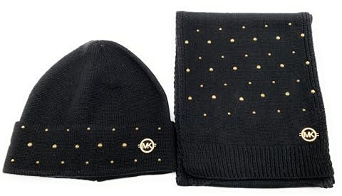 Michael Kors Schal & Mütze SET I Winterschal I Beanie I Wollschal I Wintermütze I One Size I Weiche Acrylwolle I Logo I Goldene Perlen-Pailetten I Goldener Geschenkkarton (SCHWARZ)
