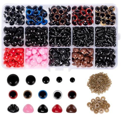 Carehabi 752 stycken säkerhetsögon och säkerhetsnäsor, ögon för virkade djur med brickor, plastdockögon, säkerhetsnäsor för plyschdocka, marionett, nallebjörn (6–14 mm)