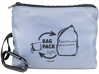 TROIKA Schultertasche faltbar (platzsparend im Innenfach verstaubar) mit Karabiner zur schnellen Befestigung – BAG PACK – großes Hauptfach, kleines Innenfach und Außenfach – Polyester – grau