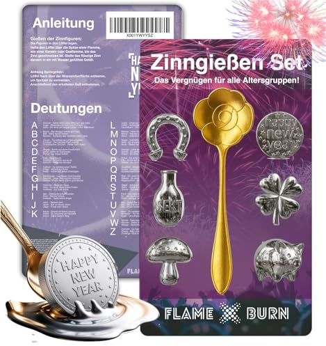 FLAME X BURN Zinngießen Set für Silvester 2027: Zinn zum Gießen ähnlich wie Bleigießen, inklusive Löffel & Orakelbuch mit Deutungen - Partyspiele (1x)