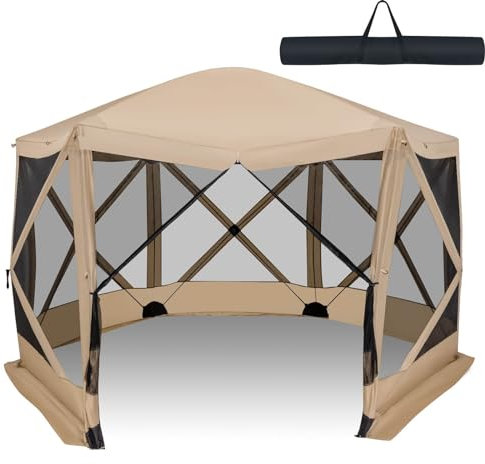 TANGZON 2.3 x 2.3m/3.5 x 2.3m/3.5 x 3m Pop Up Canopy Tent, Camping Sunshade Shelter Gazebo with 4/6-Sided Walls, Carrying Bag, UV 50+ Heavy-duty Marquee Tent Canopy (Khaki, 346 x 305 x 225 cm)