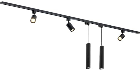 Qub Focus III 1-Phase Spotlight Track Lighting Complete Set - 300cm - 3X Spotlights and 2X Pendant Lights - 3X 1m Rails - I-Form - Spotlights Ceiling Black - Extendable & Flexible - LED-Compatible