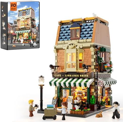 Funwhole Buchcafé Beleuchtetes Baukasten Set - Stadtkaffeehaus LED Licht Modularer BAU Modellsets 1718 Stücke für Erwachsene und Jugendliche