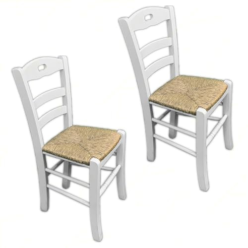 Sicignano Lot de 2 chaises Lory en bois massif laqué blanc avec assise en paille, 39 x 35 x 87 cm, artisanal, convient pour cuisine restaurant Pizzeria, fabriqué en Italie