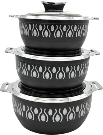 Casserole Dishes with Lid 3 pc Set Black (1000ml,1500ml,2000ml) 3-Piece Ultra Casserole - Insulated, BPA-Free, Stainless Steel, Double Wall Hot & Cold Food Storage with Lid Thermal Soup/Salad Serving