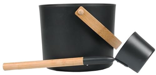 Sauna Bucket and Ladle Set - 7L Luxurious Finnish Sauna Aluminum Bucket with Long Handle Spoon Set, Portable Bucket with Long Handle Ladle Cedar, Matching Ladle Sauna Barrel Bath Accessories (Black)