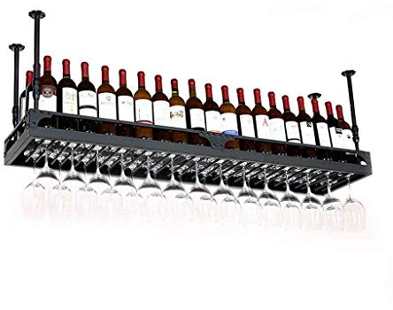 Estantes para vino Estantes para vino Altura ajustable Montado en el techo Soporte para botellas de vino Estante de metal de hierro para copas de vino Estantes para copas de vino Negro 100 * 35 cm