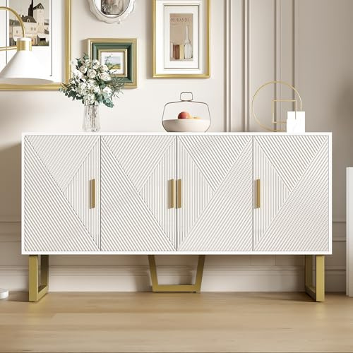 KecDuey Buffet, commode moderne de 150 cm, buffet, buffet, blanc de luxe avec portes texturées brillantes et poignées dorées, design à 4 portes, étagères réglables en hauteur