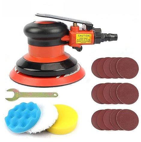 Lijadora Lijadora de aire neumática de 5 pulgadas, herramienta pulidora de 125MM, pulidora de Palma Orbital aleatoria for el cuidado de la pintura del coche, eliminación de óxido Motor potente(Air San