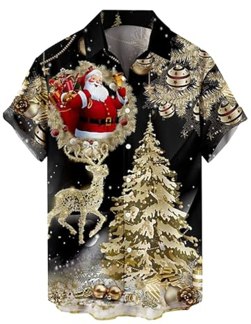 Christmas Shirt for Men UK Fun Christmas Shirts 3D Snowman Print Shirts Short Sleeve Casual Button Down Tshirts Funny Xmas Hawaiian Shirt for Party Holiday Boys Festive Santa Tops Gold