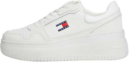 Tommy Jeans Sneaker con Plataforma Mujer Retro Basket de Piel, Blanco (Ecru), 35