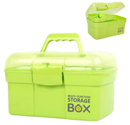 Storage Box with Removable Tray & Lid,Multipurpose Container Small Plastic Art Storage Box with Compartments,Craft Caddy for Sewing,Hobby,Medicine,Fishing,Toys,Stationery,Hair Accessories (Green)