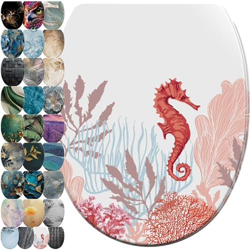 Sanilo WC Sitz mit Absenkautomatik & Schnellverschluss, Toilettendeckel per Knopfdruck abnehmbar, einfache Montage von oben (Sea Horse)