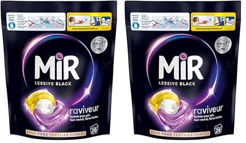Mir - Lessive Capsules Black -Raviveur - Formule 3en1 -Couleurs - Fibres - Fraîcheur - Nettoie avec Soin - Noir Ravivé - Fibres Lissées - Anti-Bouloche - Pour les Textiles Foncés - Recharge 20 Lavages