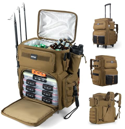 Goture Angelrucksack 66L wasserdicht doppelstöckig mit Isolierfach | 2-Wege-Tragesystem (Rollen & Schultergurt), Regenschutz, Fachaufteilung für Angelzubehör, ideal für lange Angeltouren