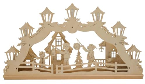 Erzwelt - Lichterbogen ELB – Motiv Laternenkinder | 32 x 56 x 5 cm – Schwibbogen aus Holz – Leuchtbogen mit 7 Kerzen – Original Erzgebirge Fensterbogen – Weihnachtsdeko