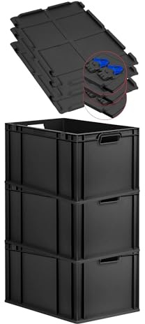 PROREGAL SuperSparSet 3x Eurobox NextGen Grip mit Scharnierdeckel & blauen Schiebeschnappverschlüssen, HxBxT 32x40x60cm, 65L, Schwarz, Griffe offen, Eurobehälter, Transportbox, Transportbehälter