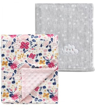 CREVENT Lot de 2 couvertures Mignonnes et Chaudes pour bébés - 75 cm x 100 cm - Douillettes et Chaudes - Literie pour Berceau, Poussette - Nuage Gris + Fleur de Vison