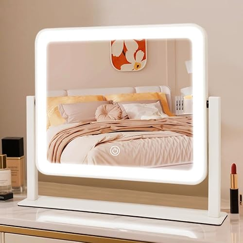 YEKKOPT Rechargeable Vanity Mirror with Lights, 14×12 LED Makeup Mirror, Smart Touch Control, 3 Color Lighting with Adjustable Brightness,Cosmetic Mirror for Bedroom, Vanity Desk, Beauty Routine