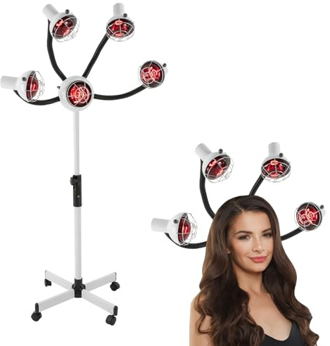 Bonnet de séchage autoportant, 220 V, lampe chauffante infrarouge à 5 têtes avec support, lampe chauffante de salon, 750 W, sèche-cheveux 40 à 80 °C, hauteur réglable de 112 à 136 cm, blanc