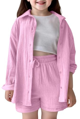 Summer Co Ord Sets for Kids,Linen 2 Pieces Outfit, Button Down Cotton Linen Shirt and Wide Leg Shorts with Pockets Lounge Set,Casual Solid Color Girls Loungewear Y2K Track Suit