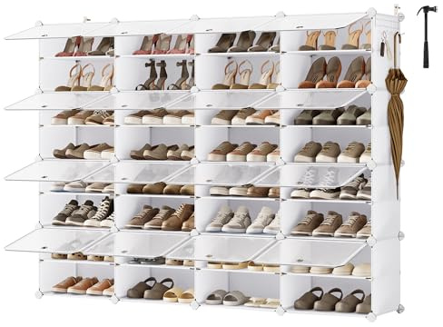 SONGMICS Scarpiera, Scaffale Modulare da Ingresso, con Sportelli, Telaio in Acciaio e Ripiani in Plastica, Camera da Letto, 16 Scomparti per 64 Paia di Scarpe, Bianco Nuvola e Trasparente LPC045WH01