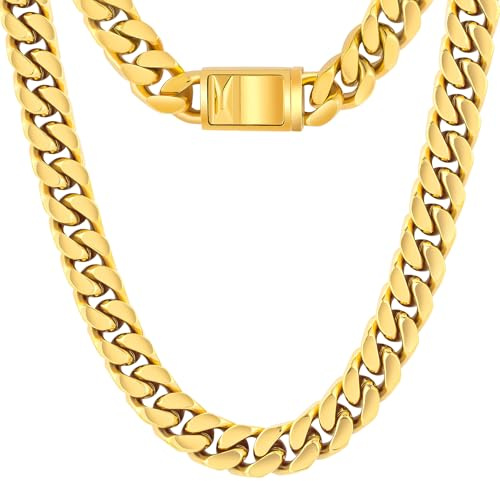 KRKC&CO Halskette Herren Gold, 12mm Massive Dicke Edelstahl Panzerkette, Hypoallergene Silberkette Goldektte Cuban Chain Kubanische Kette, Geschenk Herrenschmuck für Männer Jungen [Länge 46cm]