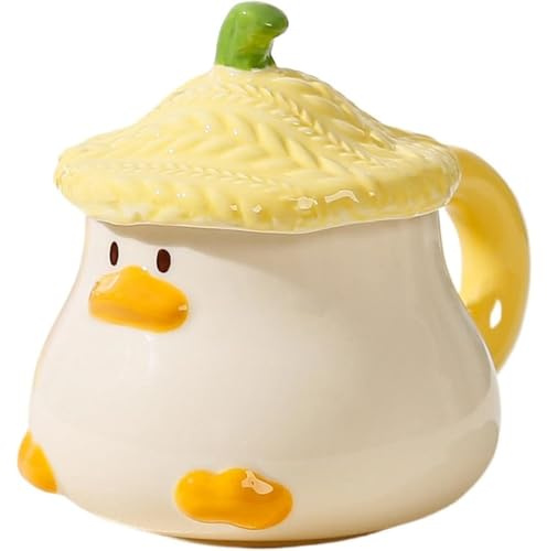VollfitYYu Süße Kaffeetasse Cartoon 3D Ente Kaffeebecher mit Deckel niedliche Keramiktasse Tetasse Milchbecher mit Henkel für Frauen Mädchen Freundin Männer Kollegin (Gelb)