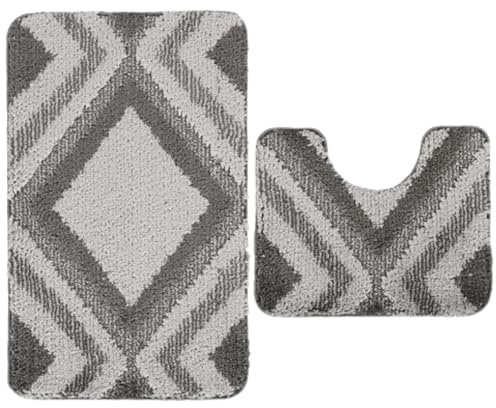 Nest & Nibble Bath Mats 2 Piece Set Non Slip Bath Mat & Toilet Rug – Soft Microfiber, Quick Dry, Machine Washable, Water Absorbent Shower Mats – Bathroom Carpet Essentials (Grey Design1, 50x80)