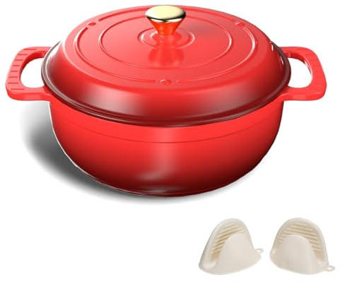 Bonnlo Enameled Cast Iron Round Pot, 27cm/5.6L Dutch Oven Cookware with Lid, Silicone Gloves, Heavy-Duty Pre-Seasoned Cookware for Bread Baking, Braising, Stews, Roasting - Red, 6QT