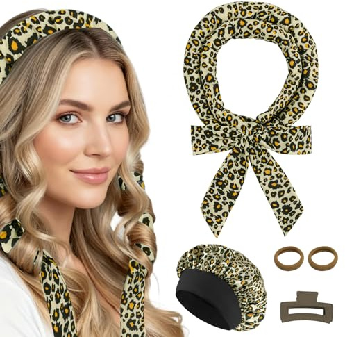 Baolivi Satin Lockenwickler über Nacht Heatless Overnight Curls Band, Locken Ohne Hitze Lockenband über Nacht für lange Haare, Haarnudel Lockenwickler Ohne Hitze DIY Set (Gelb Leopardenmuster)