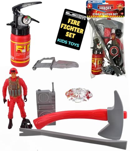 Electoys Fire Fighter Set Toy Playset for Children Role Play with Fireman Figure Fire Extinguisher Axe Crowbar Radio Badge and Helmet Imaginative Firefighter Kit for Kids