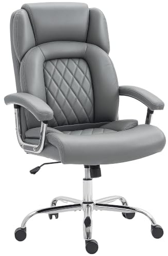 HOMCOM Big and Tall Office Chair 180kg Executive PU Leather Wide Seat Grey | Desk Chair, Spring Cushion, High Back, Adjustable Height, Swivel Wheels, Built-in Headrest, Tilt Function
