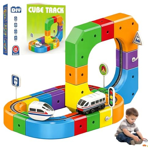 Electric Train Set, Magic Rail Block Train, Treno Elettrico per Bambini, Set di Treni Elettrici con Pista Flessibile 3D, Set di Treni Elettrici Magnetici Bambini, Regalo Natale/Compleanno (51pcs)