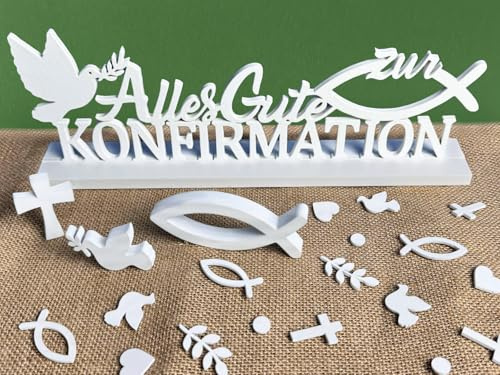 Streudeko Konfirmation Deko, Schriftzug Tischdeko Konfirmation 65 Stück, Alles Gute zur Konfirmation Holzfische DekoKonfirmation Fische Deko Holzkreuz Taube
