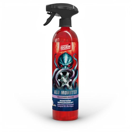 NIGRIN Alu Monster Felgenreiniger 1 L, säurefrei, pH-neutral, mit Wirkindikator, kraftvolle Reinigung für Stahl- & Alufelgen, geeignet für alle Oberflächen, mit Sprühkopf & Kindersicherung