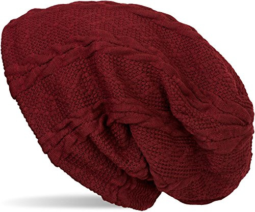 styleBREAKER Varm finstickad beanie mössa med flätmönster och fleecefoder slouch lång beanie, unisex 04024131, Bordeaux-röd, En Storlek