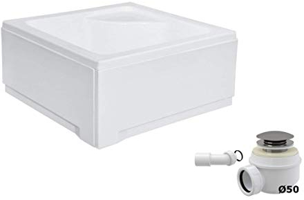 VBChome Piatto doccia in acrilico con seduta quadrata, 80 x 80 cm, grembiule profondo + scarico richiudibile 52 mm, A465 CLICK CLACK