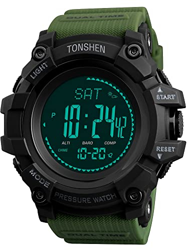 TONSHEN Uomo Outdoor Militare Sportivo Bussola Orologi da Polso Plastica LED Elettronico Multifunzione Altimetro Termometro Pedometro Calorie Doppio Tempo Allarme Digitale Orologio (Verde)