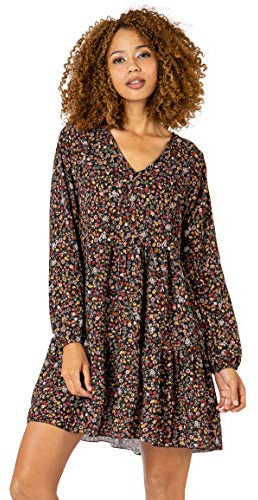 Sublevel Damen Kleid Frühling und Sommer mit Blumen-Muster Blumenkleid Langarm Black M/L